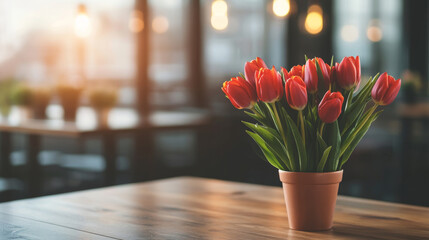Poster - A vibrant bouquet of red tulips is placed in a terracotta pot on a wooden table. Soft light filters through a cafe window, creating a warm atmosphere perfect for a joyful spring holiday gathering.