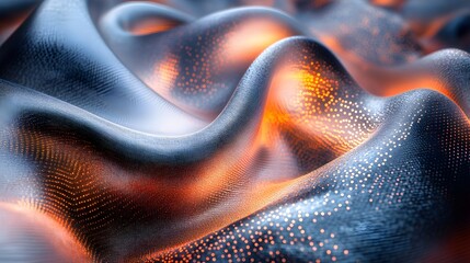 Poster - A mesmerizing abstract image of digital waves with glowing orange and blue hues. Abstract Digital Landscape: Waves of Data and Light