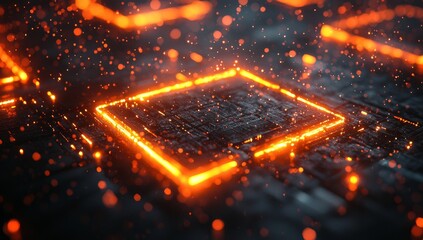 Poster - In a futuristic setting, a high-tech environment is depicted with a shimmering blue grid, circular motifs, and a central rectangular frame