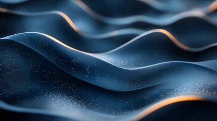 Poster - A mesmerizing digital artwork featuring abstract dark blue waves, adorned with golden dust particles. The image evokes a sense of serenity and elegance. Abstract Dark Blue Waves with Golden Dust