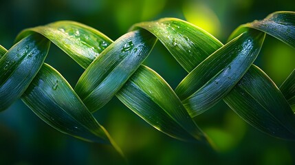 Poster - Close-up view of interwoven green leaves with water droplets, showcasing intricate details and vibrant colors. Nature's artistry at its finest. Interwoven Green Leaves