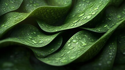 Poster - Close-up of dew-covered leaves, showcasing vibrant green hues and intricate textures. Nature's beauty at its finest. Emerald Dewdrops: A Symphony of Lush Green Leaves