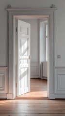 Poster - Sunlight filters through an open door, illuminating the minimalist interior of a white room. The elegant wood flooring enhances the serene atmosphere, creating a cozy and inviting space
