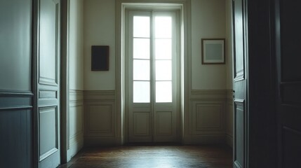 Poster - A softly open door invites warm light into a serene room. The space, with its pale walls and classic wooden floors, creates an atmosphere of calm and quiet exploration