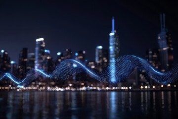 Poster - In a futuristic city, a towering skyscraper, adorned with high-tech elements and glowing with a spectrum of lights, contrasts beautifully against the dark backdrop of night