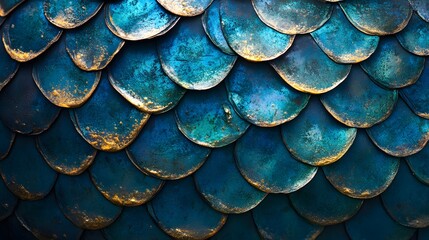 Poster - Close-up view of overlapping teal and gold scales, creating a rich textured pattern. Teal and Gold Scales: A Textured Masterpiece