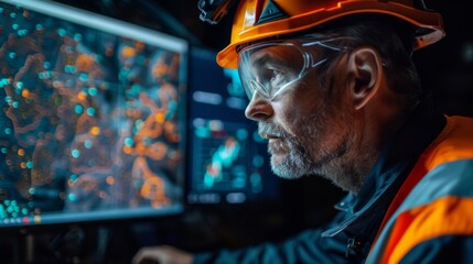 Leinwandbilder - A skilled miner is focused on analyzing digital maps displayed on multiple screens in a dark control room, utilizing modern technology to aid underground exploration.