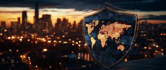 Poster - A futuristic digital shield graphic symbolizing online security and data protection in today's world