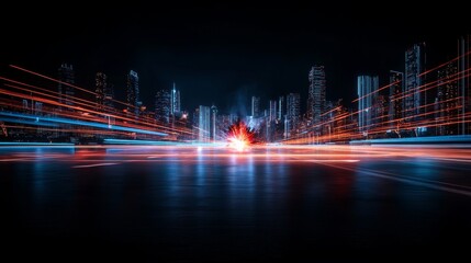 Wall Mural - a futuristic cityscape bathed in vibrant red lights and sparks, evoking a high-tech or battle scenar