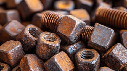 Poster - A close-up view of various rusty nuts and bolts, showcasing their textures and shapes, highlighting the characteristics of metal fasteners