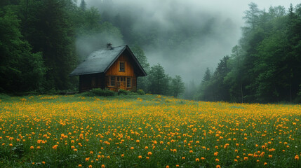 Poster - A serene, foggy landscape featuring a cozy cabin surrounded by vibrant yellow flowers and lush greenery, evoking tranquility and natural beauty