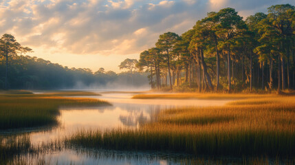 Poster - A serene landscape featuring a tranquil wetland, reflecting soft sunlight and surrounded by lush trees, creating a peaceful natural scene