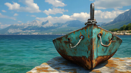 Poster - A weathered boat rests on a rocky shore, surrounded by clear blue water and mountains under a bright sky