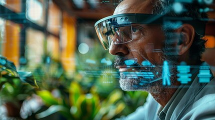 Poster - A person with glasses engages with digital therapy applications focused on mindfulness and mental health while surrounded by greenery in a contemporary workspace.