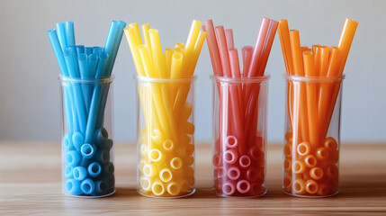 Poster - Four colorful jars filled with vibrant straws and ring-shaped beads, arranged neatly on a wooden surface, showcasing a playful and creative aesthetic