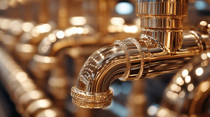 Poster - A close-up of shiny gold plumbing pipes showcasing their intricate design and craftsmanship, highlighting modern plumbing aesthetics