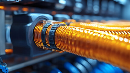 Poster - A close-up of vibrant orange cables connected to a device, showcasing intricate details and textures, likely part of an electrical or networking system