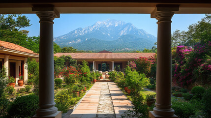 Aufkleber - A scenic view through columns showcasing a garden path leading to a majestic mountain backdrop