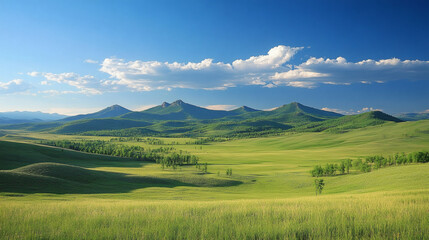 Poster - A picturesque landscape featuring rolling hills, lush greenery, and a clear blue sky with scattered clouds, ideal for nature lovers