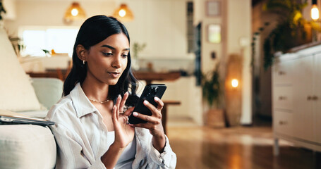Aufkleber - House, smartphone and woman on floor, internet and typing with social media, relax and network. Person, apartment and girl in living room, cellphone and mobile app for texting and message to contact