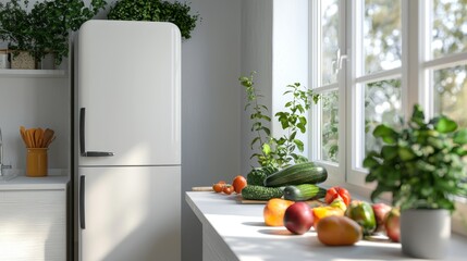 Poster - In a high-tech kitchen, a smart fridge is highlighted, featuring an AI interface that tracks expiration dates and recommends recipes, thus blending AI into everyday food management