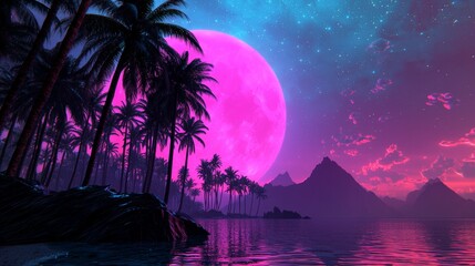 Poster - A beach scene that combines retro and futuristic elements, set in a tropical location with palm trees and illuminated by a bright pink moon at night