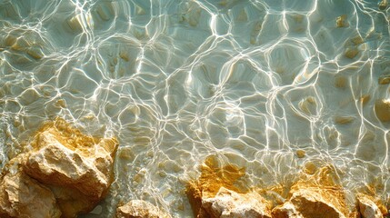 Poster - Clear water with sunlight shining through, reflecting on rocks below. Sunlight Dappling Clear Water Over Rocks