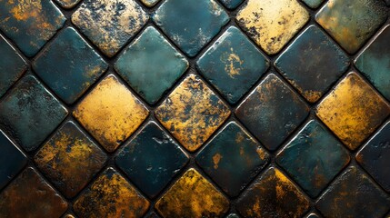Poster - Close-up of luxurious diamond-patterned tiles in deep teal and gold. Elegant and stylish mosaic texture. Elegant Diamond Patterned Tiles: Deep Teal and Gold Mosaic