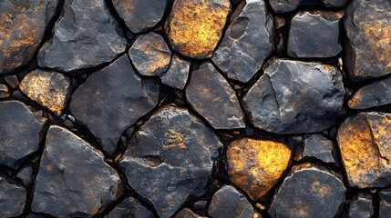 Poster - Close-up shot of dark grey and golden rocks. Interlocking stones create a unique pattern. Dark Grey and Golden Rocks Texture: A Close-Up View of Interlocking Stones