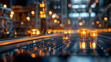 Poster - Orange-illuminated futuristic conveyor system in a modern industrial setting