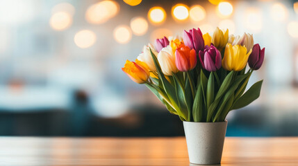 Poster - A vibrant bouquet of tulips in various colors is displayed in a simple pot. This arrangement adds a cheerful touch to a spring holiday setting, creating a warm and inviting atmosphere.
