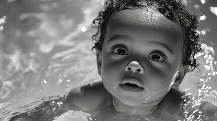 Poster - Glistening droplets rest on the baby's skin as they emerge from the water, gazing upwards with wide, curious eyes. The gentle play of light creates a magical atmosphere