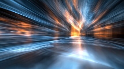 Poster - Abstract futuristic tunnel adorned with neon blue light rays and round arches, showcasing a high-tech corridor with dynamic motion lines and highlights, set against a modern technology backdrop that