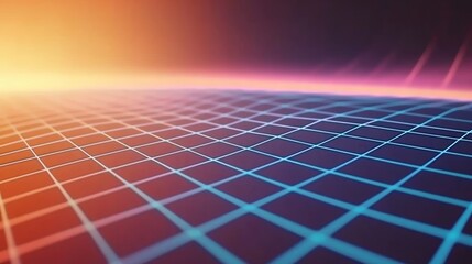 Poster - A grid-dominated landscape set in a retrofuturistic world with a vibrant neon sunset