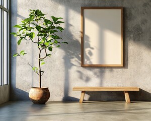 Poster - A gray wall, natural light, and a wooden frame come together to create a minimalist Scandinavian interior scene