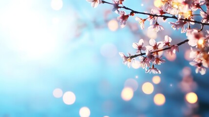 Poster - Cherry blossoms bloom gracefully in spring, their soft pink petals glowing against a dreamy, blurred blue background. Sunlight filters through, creating a magical atmosphere filled with warmth.