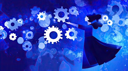 Poster - Woman in Blue Dress Engaging with Abstract Gear Mechanisms