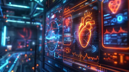Poster - A futuristic digital interface shows heart health data and mindfulness metrics. The vibrant colors create an engaging atmosphere for mental health treatment using telemedicine technology.