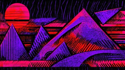 Poster - Bold Graphic Landscape with Pink Sun and Abstract Mountains