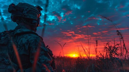 Poster - A soldier in tactical gear stands amidst tall grass, gazing at a striking sunset with vivid colors, reflecting a quiet moment during an evening patrol in a remote area.