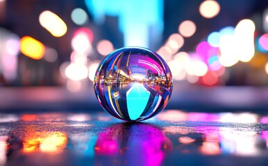 Poster - Cyberpunk futuristic virtual space is represented by an abstract background with a geometric design that incorporates a glowing neon sphere