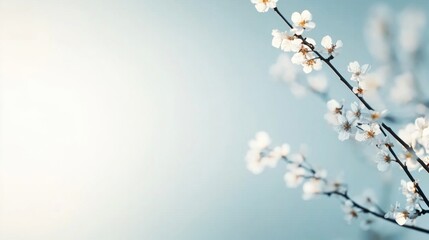 Leinwandbilder - Delicate cherry blossoms bloom on slender branches under soft spring sunlight, creating a serene atmosphere. The pale background enhances the beauty of the blossoms in full display.