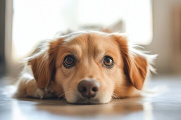 Aufkleber - Sweet golden retriever puppy rests on the floor while gazing curiously toward the camera in bright indoor setting. Generative AI
