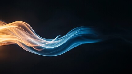 Poster - Neon blue and orange stream with an abstract high-tech curved background. Features a creative striped texture and depicts information transfer in cyberspace, accompanied by moving rays of light in a