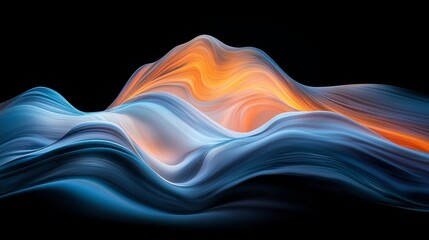 Poster - Neon blue and orange stream. Abstract high-tech curved background. Creative striped texture. Information transfer in cyberspace. Rays of light in motion. 3D illustration