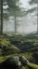 Poster - Soft fog envelops the mossy forest floor, creating a serene atmosphere. Tall trees stand silently, while nature awakens in hushed whispers as dawn approaches