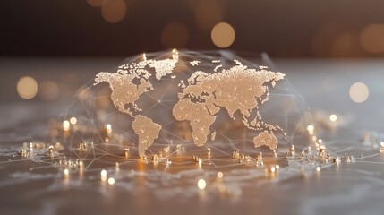 Poster - Glowing digital particles forming interconnected world map, representing global communication network and technological connectivity