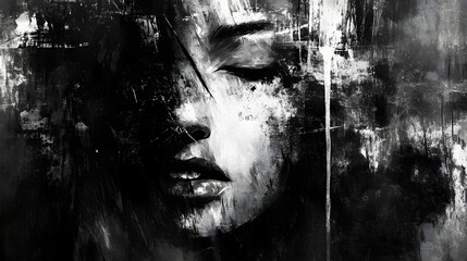 Poster - A captivating monochrome portrait of a mysterious and alluring woman with a haunting and ethereal expression  The image is marked by dramatic shadows strong contrast and a moody