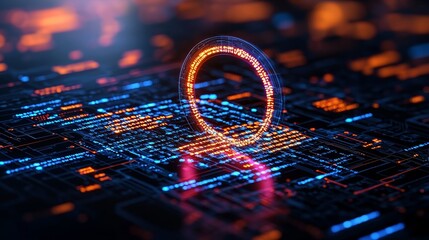 Poster - A circular data tunnel featuring vibrant orange and blue lights, embodying digital technology and data movement in a futuristic environment
