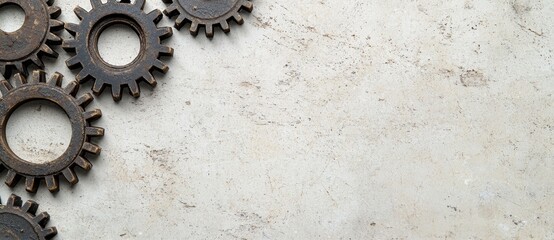Mechanical byproducts such as industrial gears and cogs on a textured background with space available for customization or text overlays